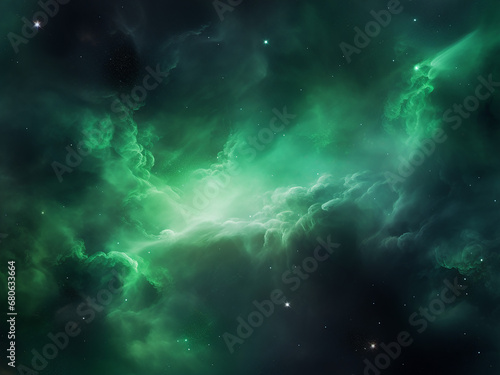 Cosmic nebulae awash in a green sea. AI Generation.