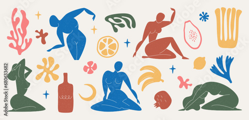 Matisse inspired wall art with female figure and organic shapes or plants. Woman body and botanical elements, leaf, algae, vase, coral and exotic fruits abstract nature symbols on white background.
