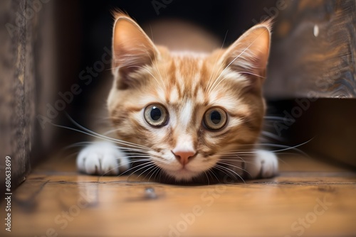 a close up of a cat laying on a wooden floor Generative AI © Bipul Kumar