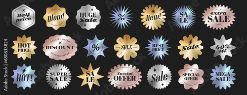Metallic sunburst badges, price stickers different shapes. Starburst sale labels, promo tags or special offer design elements. Vector illustration set of discount emblem or stamp for retail sales.