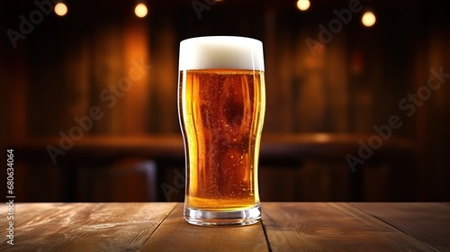 Glass of beer on wooden table