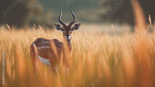 an antelope running through a field of tall grass.Generative AI