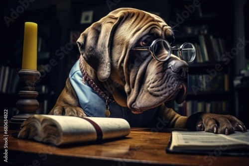 A dog wearing glasses sits at a table with a book. This image can be used to depict intelligence, education, or a love for reading © Vii