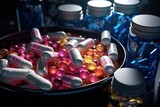 A bowl filled with lots of different colored pills. This image can be used to depict medication, healthcare, pharmaceuticals, or addiction.
