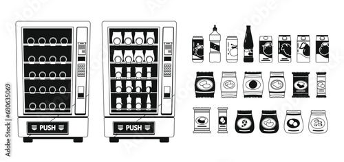 Vending Machines With Snacks And Beverages Black And White Icons Set. Modern Devices Offering A Tempting Array Of Treats