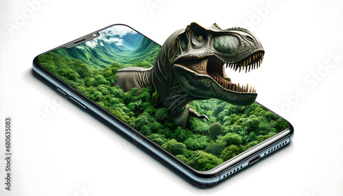 Scène surréaliste : Dinosaure tyrannosaure - rex géant dans un paysage forestier qui sort d'un téléphone photo