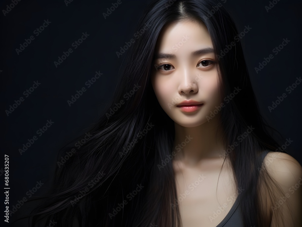 Fototapeta premium a woman with long black hair posing for a picture Generative AI