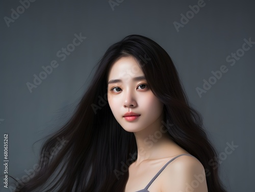 a woman with long black hair posing for a picture Generative AI