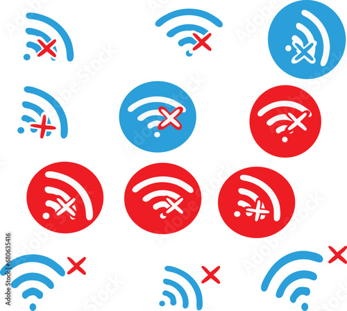 wi icon wireless network icon set. Set Of Blue Wifi with red alert disconnect not working Icon Vector 
