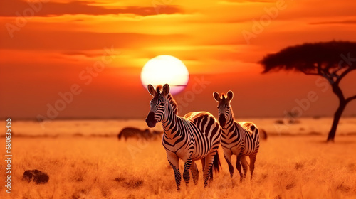 Zebra and wildebeest group with amazing sunset in jungle 