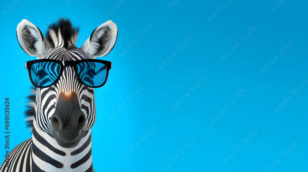Creative animal concept. Zebra in sunglass on blue , commercial, editorial advertisement, surrealism - obrazy, fototapety, plakaty 