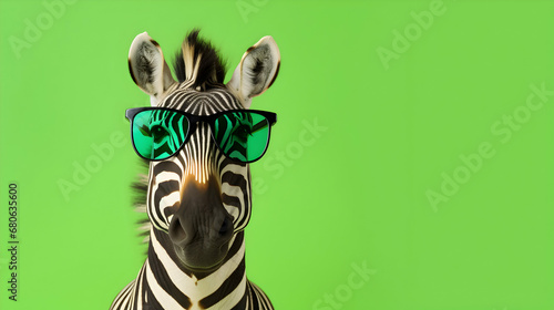 Zebra isolated on green background with wearing glasses   spectacles. front view