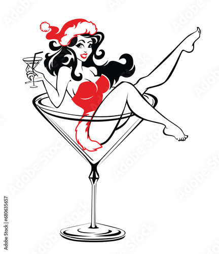 Beautiful Santa girl sits in martini glass and holds a glass in her hand. Pinup cartoon vector on transparent background