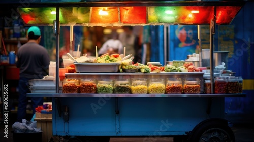  a food cart filled with lots of food and a man in the background looking at the food on the table in front of the food vendor's booth at night market.