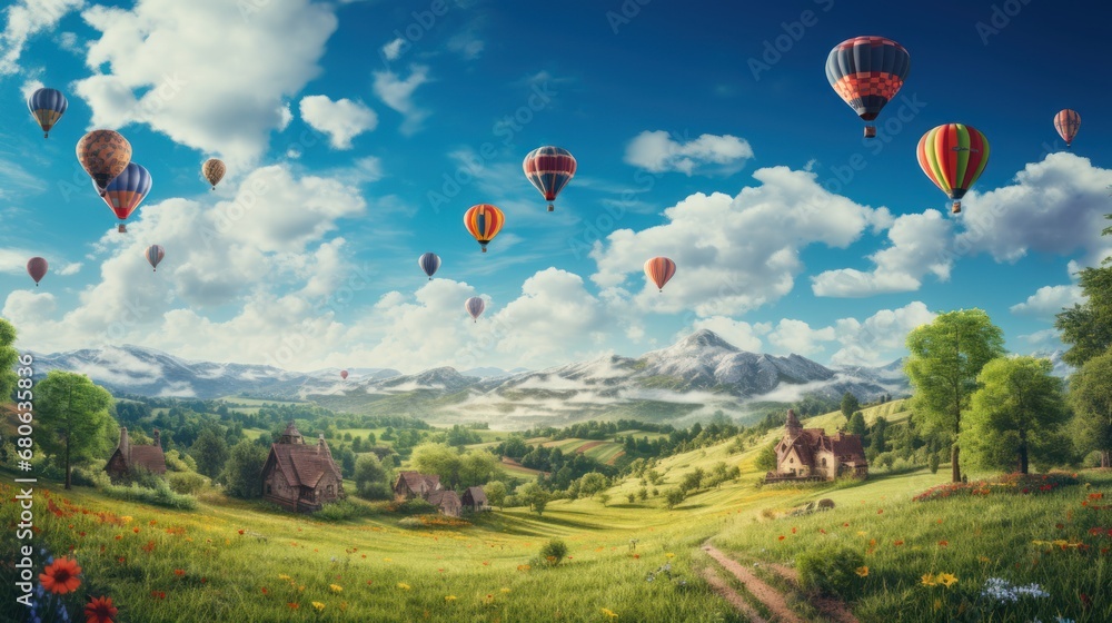 a painting of many hot air balloons flying in the sky over a green field with a house and a mountain in the distance and a blue sky with white clouds. a painting of many hot air balloons flying in the sky over a green field with a house and a mountain in the distance and a blue sky with white clouds.