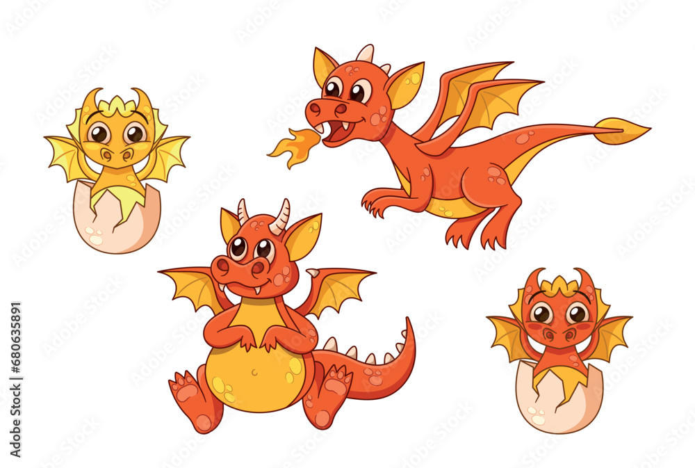 Obraz premium Adorable Cartoon Dragons With Vibrant Red And Yellow Scales, Sparkling Eyes, Fire And Friendly Expressions