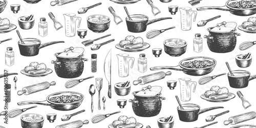Seamless pattern with kitchen utensils for cooking. Cooking pot, mortar and pestle, saucepan, spatula, measuring cup. Sketch style peeler, knife, whisk, salt jar, pepper shaker, frying pan. Background
