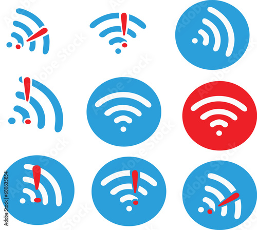 wi icon wireless network icon set. Set Of Blue Wifi with red alert disconnect not working Icon Vector 
