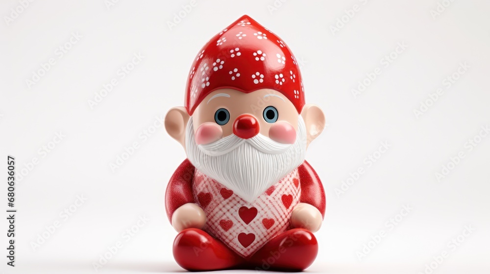  a red and white figurine of a gnome with a heart on it's chest and a red hat on it's head, sitting in front of a white background.