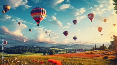  a group of hot air balloons flying in the sky over a lush green field with red flowers in the foreground and a blue sky with white clouds in the background.
