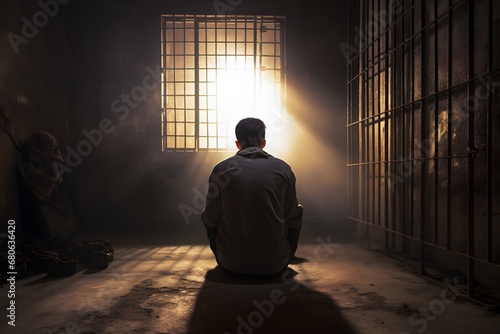 Foto a man sitting in front of a window in a jail cell Generative AI