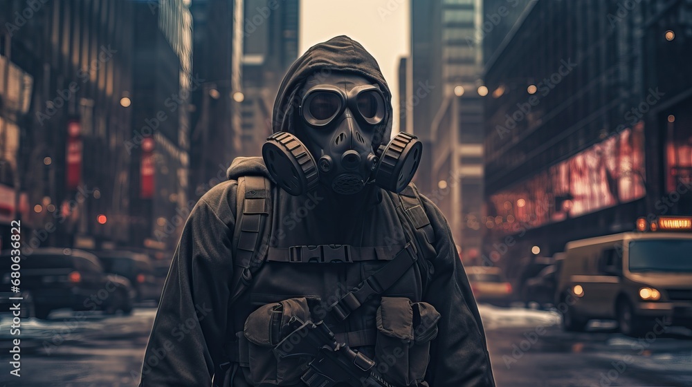 Man wearing a gas mask apocalypse standing in the middle of the city Man wearing a gas mask apocalypse standing in the middle of the city
