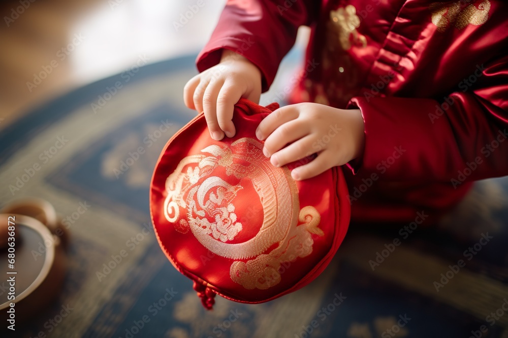 close up of kid hands holding chinese red gift bag and money pouch for celebration of festival chinese new year 