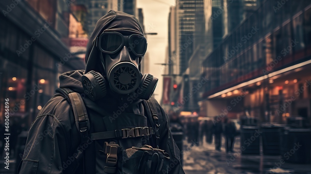 Man wearing a gas mask apocalypse standing in the middle of the city Man wearing a gas mask apocalypse standing in the middle of the city