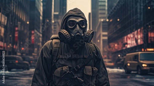 Man wearing a gas mask apocalypse standing in the middle of the city