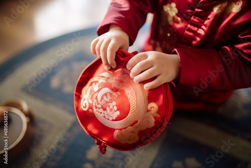 close up of kid hands holding chinese red gift bag and money pouch for celebration of festival chinese new year 