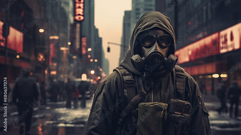 Man wearing a gas mask apocalypse standing in the middle of the city Man wearing a gas mask apocalypse standing in the middle of the city