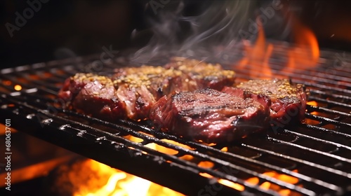 a steak on a grill with flames in the background Generative AI