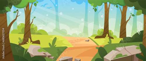 Cartoon Forest Background, Nature Landscape With Path, Deciduous Trees, Rocks, Green Grass And Bushes On Ground