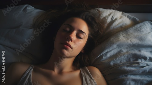 a woman laying in bed with her eyes closed Generative AI