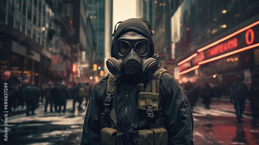 Man wearing a gas mask apocalypse standing in the middle of the city Man wearing a gas mask apocalypse standing in the middle of the city