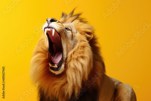 lion roar  with a mane that blends into a vivid yellow background