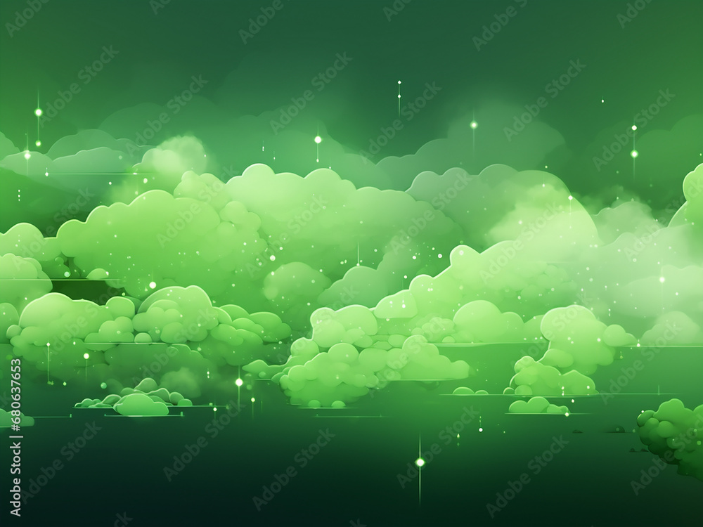 Serene space clouds green backdrop. AI Generation.