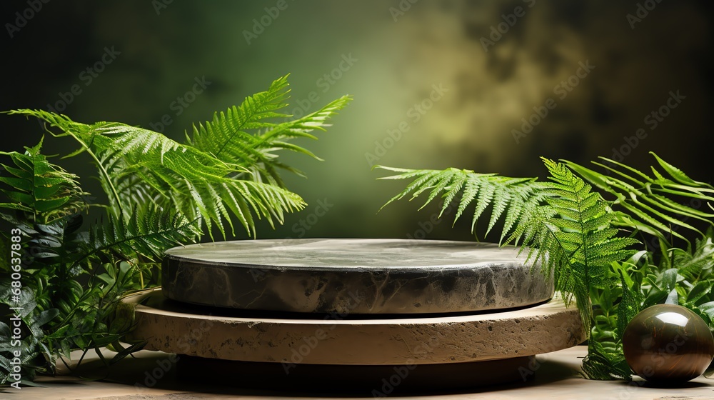 Natural stone and concrete plinth in tnatural green background for empty display for packaging product presentation. cosmetic product background Scene with green leaves Simulate the base Generate AI
Natural stone and concrete plinth in tnatural green background for empty display for packaging product presentation. cosmetic product background Scene with green leaves Simulate the base Generate AI