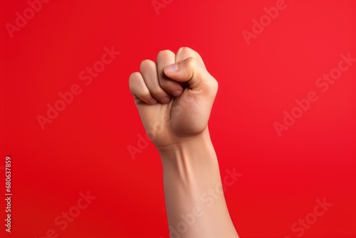 clenched fist raised against a vibrant red background