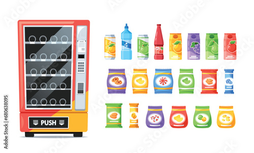 Colorful Vending Machine Offering A Tempting Array Of Snacks And Drinks. Rows Of Enticing Products, From Chips To Sodas