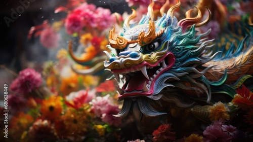  a close up of a dragon statue in front of a bunch of flowers on a dark background with a blurry light coming from the top of the dragon's head.