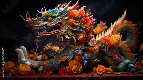  a dragon statue sitting on top of a table next to a bunch of flowers on top of a red tablecloth covered table with a red table cloth and a black background.