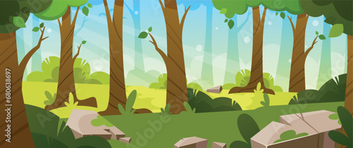 Cartoon Forest Background, Nature Landscape. Scenery Summer Or Spring Wood Parallax Natural Scene, With Deciduous Trees