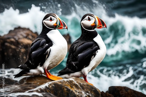 A charismatic puffin standing proudly on a rocky cliff, surrounded by crashing waves and sea spray.