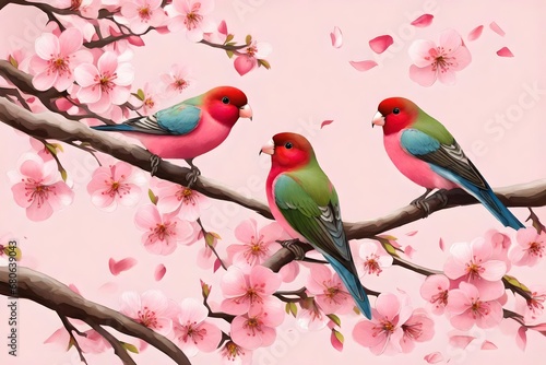 A pair of lovebirds perched on a blooming cherry blossom branch, surrounded by delicate pink petals. © Resonant Visions