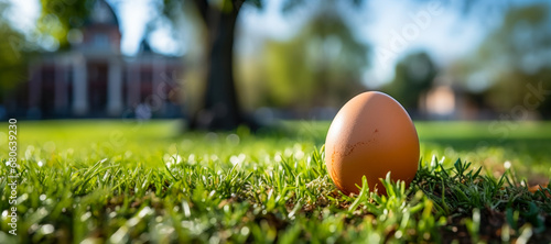 Chicken egg on green lawn near house, searching for eggs for Easter, traditions of spring holidays photo