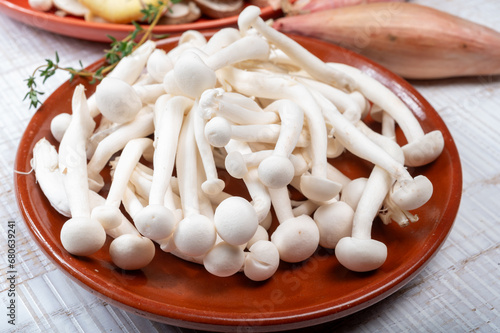 White shimeji edible mushrooms native to East Asia, buna-shimeji is widely cultivated and rich in umami tasting compounds. Mushrooms mix for cooking.