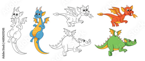 Adorable Dragons  Cartoon Characters With Colorful Scales And Monochrome Outline Personages With Playful Expressions