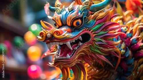  a close up of a dragon statue with many colors and patterns on it's face and head, with a blurry background of brightly colored lights in the background. © Anna