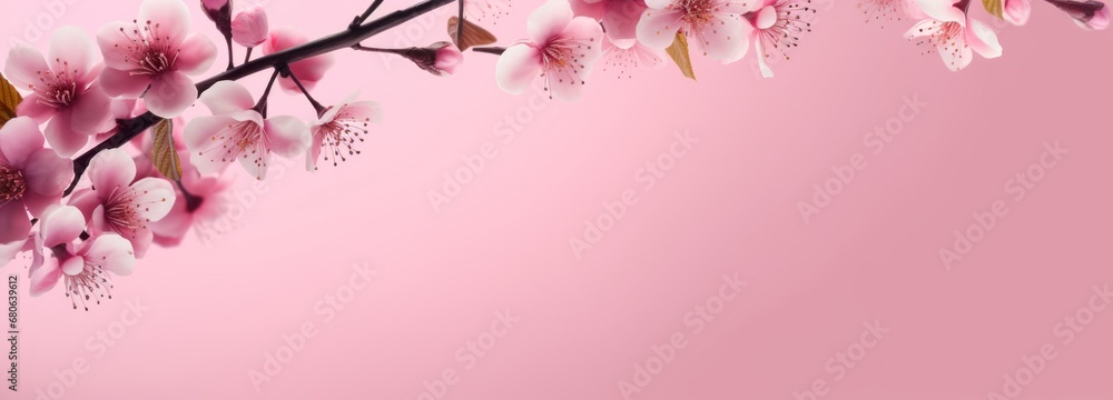 Beautiful pink spring background with flowering branches and copy space